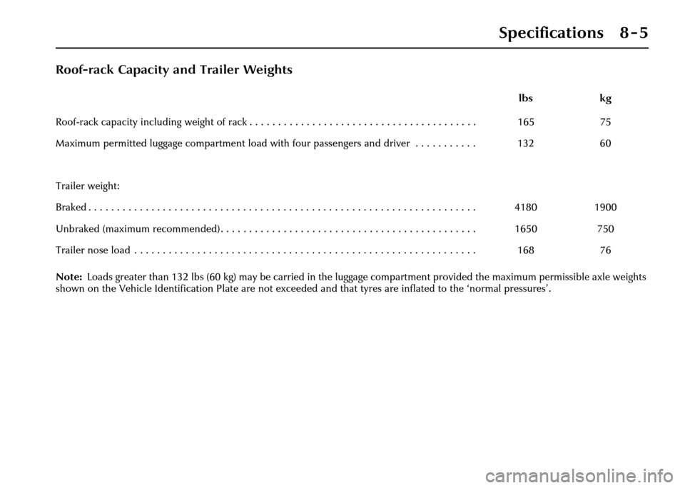 JAGUAR XJ 2004 X350 / 3.G Owners Manual Specifications 8 - 5
Roof-rack Capacity and Trailer Weights
Note:Loads greater than 132 lbs (60 kg) may be  carried in the luggage compartment provid ed the maximum permissible axle weights 
shown on 