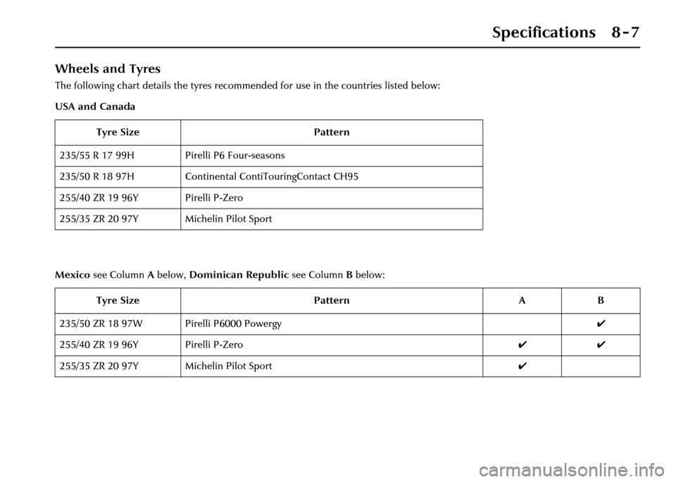 JAGUAR XJ 2004 X350 / 3.G Owners Manual Specifications 8 - 7
Wheels and Tyres
The following chart details the tyres recommended for use in the countries listed below:
USA and Canada
Mexico see Column A below, Dominican Republic see Colum JAGUAR XJ 2004 X350 / 3.G Owners Manual Specifications 8 - 7
Wheels and Tyres
The following chart details the tyres recommended for use in the countries listed below:
USA and Canada
Mexico see Column A below, Dominican Republic see Colum