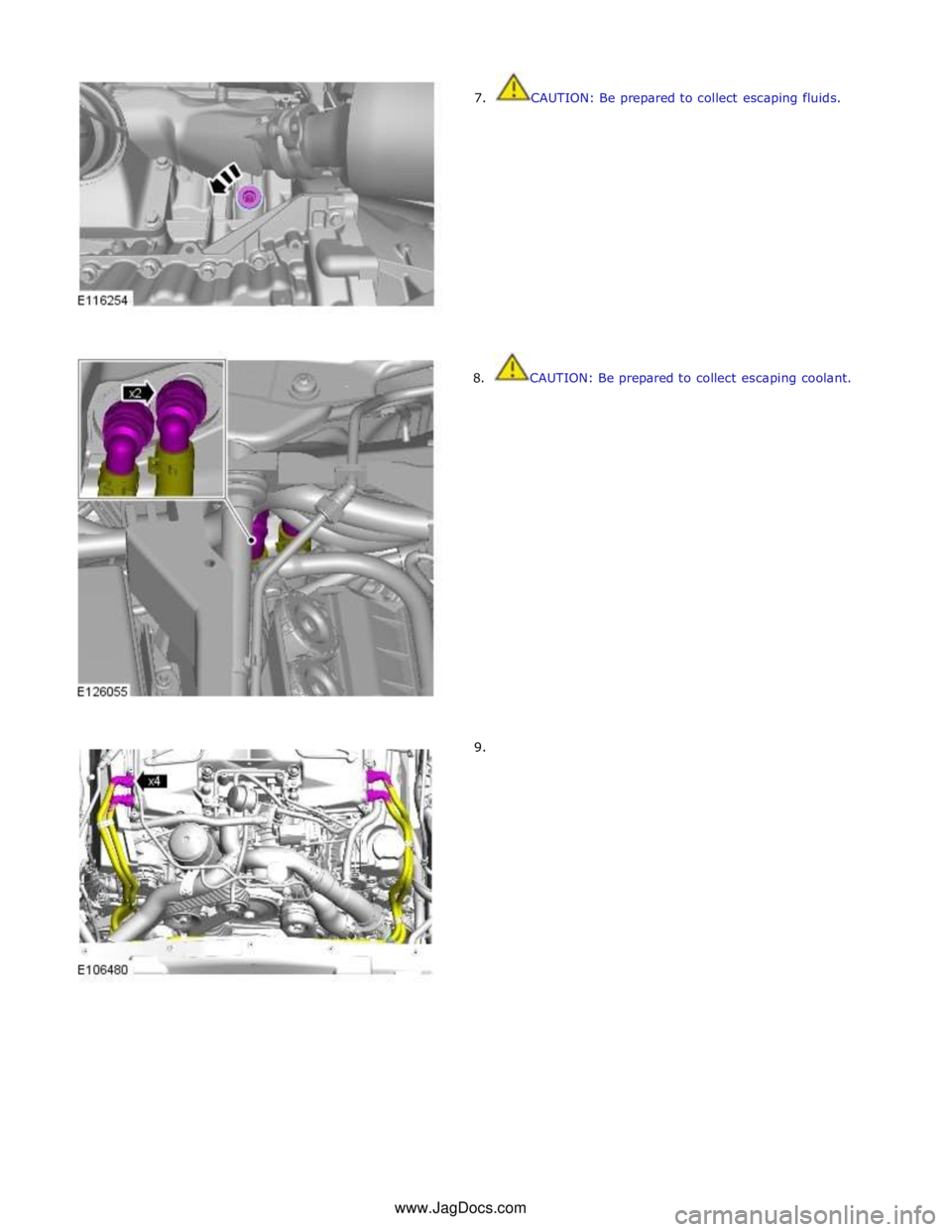 JAGUAR XFR 2010 1.G Service Manual  
7. CAUTION: Be prepared to collect escaping fluids. 
 
 
 
 
 
 
 
 
 
 
 
 
 
 
 
 
        8.  CAUTION: Be prepared to collect escaping coolant. 
9. www.JagDocs.com 