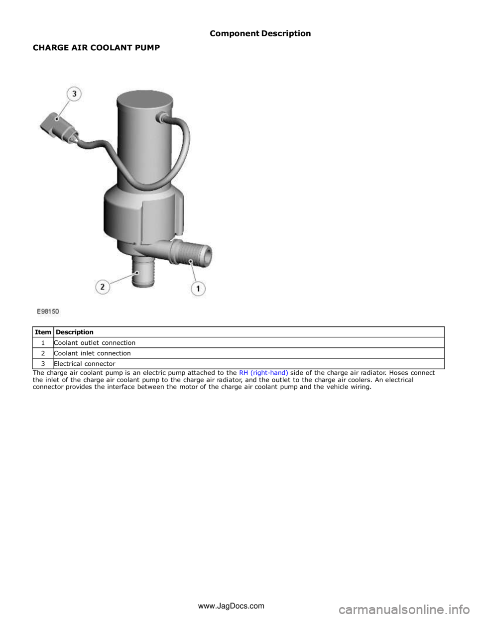 JAGUAR XFR 2010 1.G Workshop Manual 1 Coolant outlet connection 2 Coolant inlet connection 3 Electrical connector The charge air coolant pump is an electric pump attached to the RH (right-hand) side of the charge air radiator. Hoses con