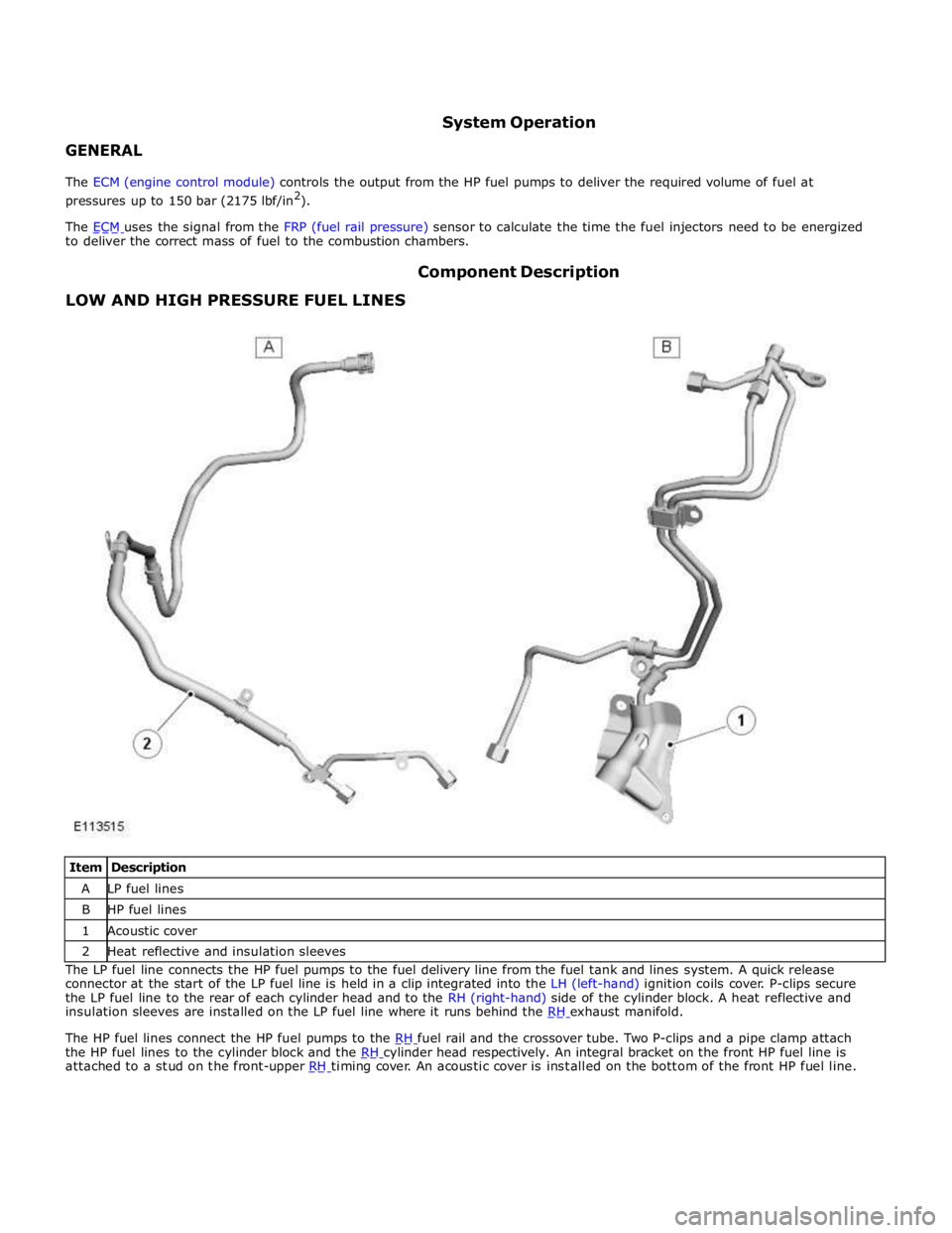 JAGUAR XFR 2010 1.G Workshop Manual to deliver the correct mass of fuel to the combustion chambers. 
 
 
 
LOW AND HIGH PRESSURE FUEL LINES Component Description 
 
 
 
Item Description A LP fuel lines B HP fuel lines 1 Acoustic cover 2