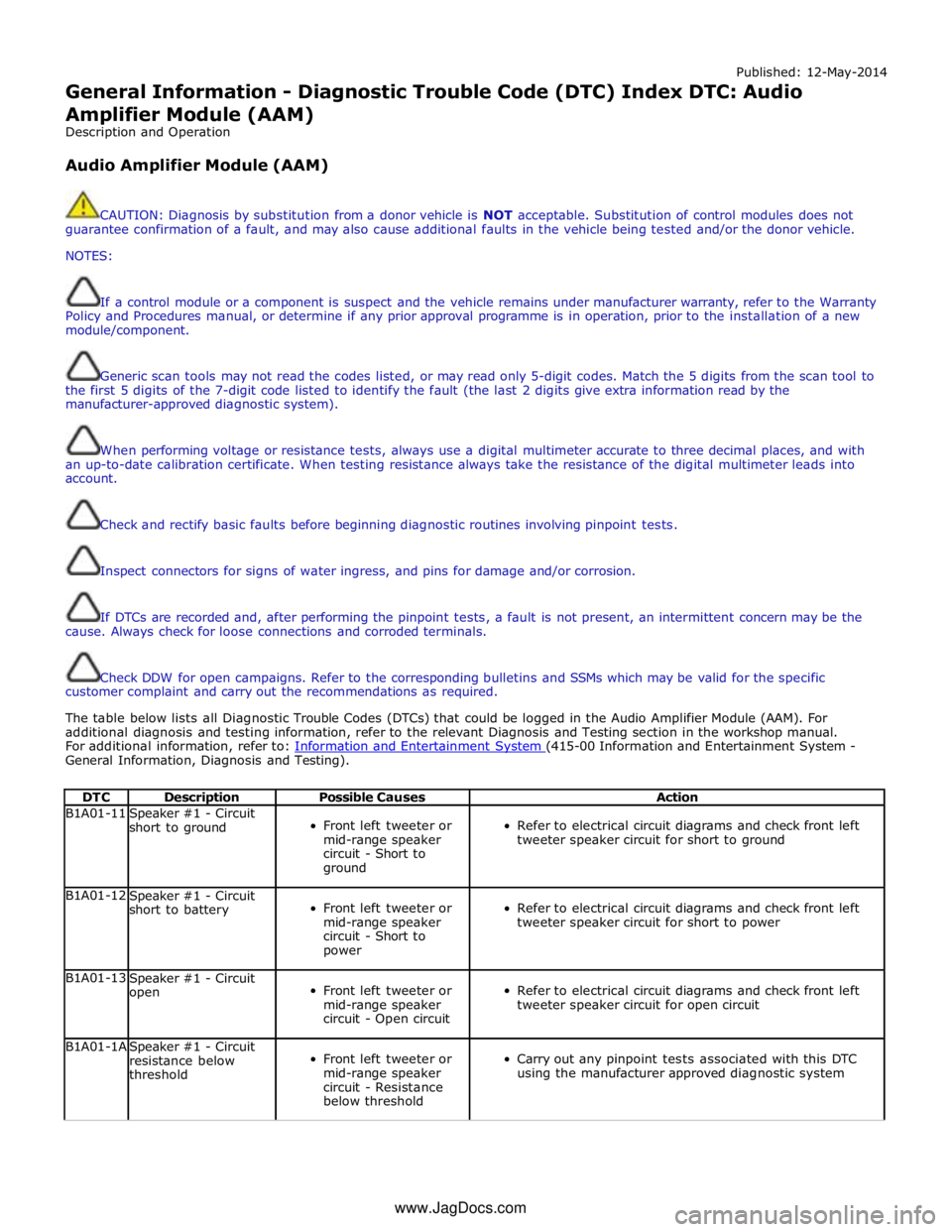 JAGUAR XFR 2010 1.G Owners Manual Published: 12-May-2014 
General Information - Diagnostic Trouble Code (DTC) Index DTC: Audio Amplifier Module (AAM) 
Description and Operation 
 
Audio Amplifier Module (AAM) 
 
 
CAUTION: Diagnosis b