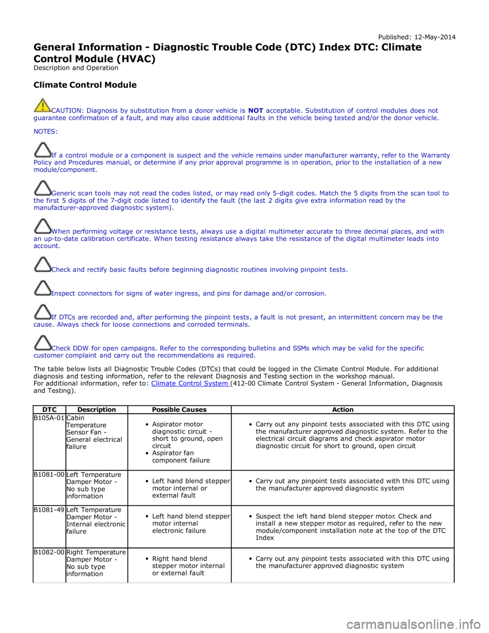 JAGUAR XFR 2010 1.G Workshop Manual Published: 12-May-2014 
General Information - Diagnostic Trouble Code (DTC) Index DTC: Climate 
Control Module (HVAC) 
Description and Operation 
 
Climate Control Module 
 
 
CAUTION: Diagnosis by su