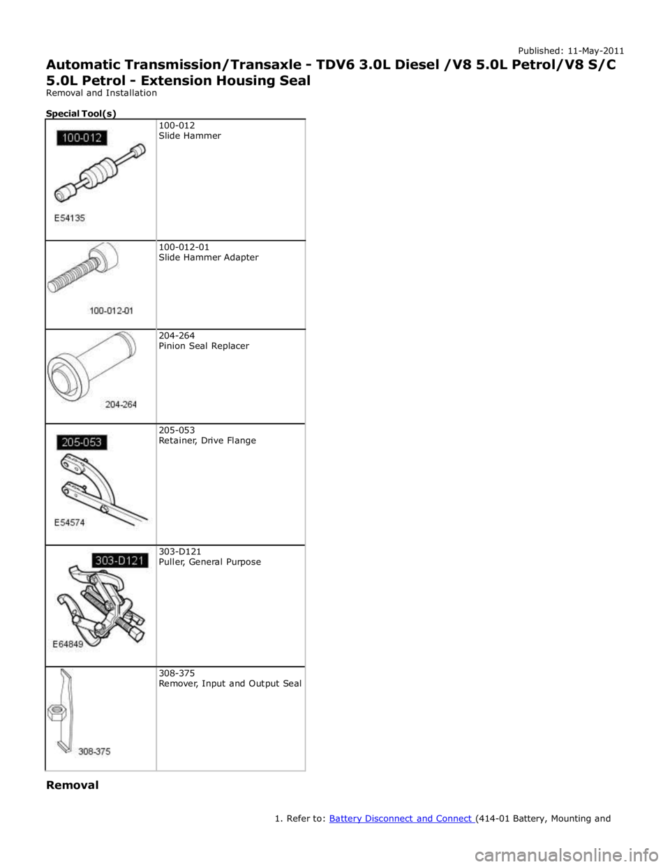 JAGUAR XFR 2010 1.G Service Manual
100-012-01
Slide Hammer Adapter
204-264
Pinion Seal Replacer
205-053
Retainer, Drive Flange
303-D121
Puller, General Purpose
308-375
Remover, Input and Output Seal Remova JAGUAR XFR 2010 1.G Service Manual
100-012-01
Slide Hammer Adapter
204-264
Pinion Seal Replacer
205-053
Retainer, Drive Flange
303-D121
Puller, General Purpose
308-375
Remover, Input and Output Seal Remova