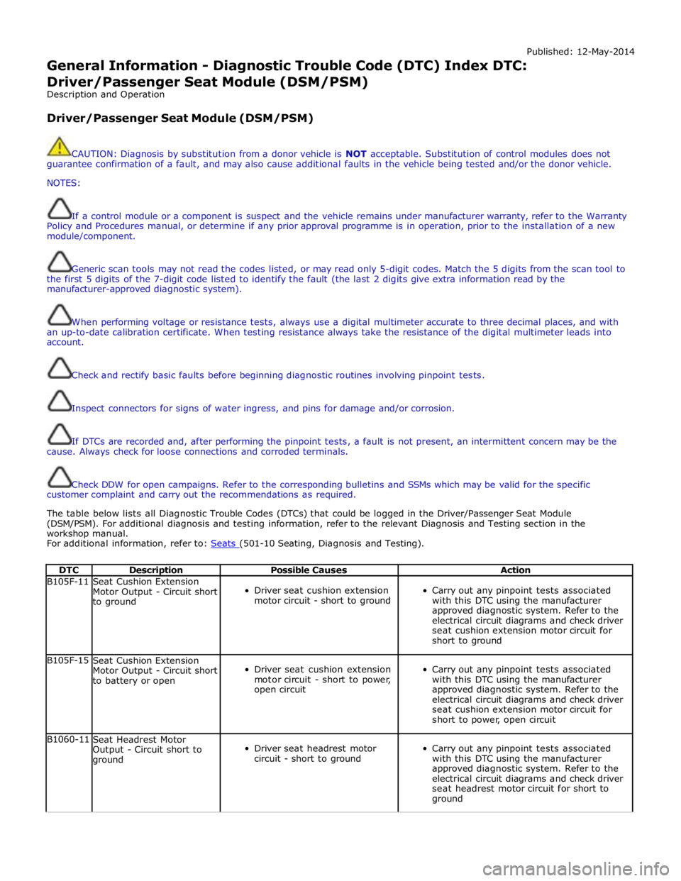 JAGUAR XFR 2010 1.G Service Manual Published: 12-May-2014 
General Information - Diagnostic Trouble Code (DTC) Index DTC: 
Driver/Passenger Seat Module (DSM/PSM) 
Description and Operation 
 
Driver/Passenger Seat Module (DSM/PSM) 
 
 