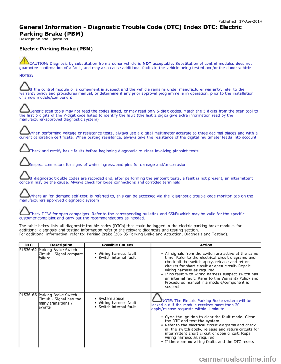 JAGUAR XFR 2010 1.G User Guide Published: 17-Apr-2014 
General Information - Diagnostic Trouble Code (DTC) Index DTC: Electric 
Parking Brake (PBM) 
Description and Operation 
 
Electric Parking Brake (PBM) 
 
 
CAUTION: Diagnosis 