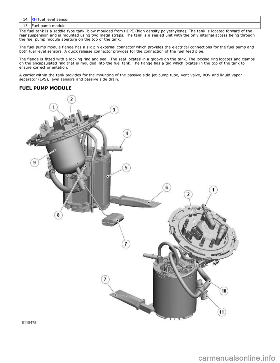 JAGUAR XFR 2010 1.G Workshop Manual 15 Fuel pump module The fuel tank is a saddle type tank, blow moulded from HDPE (high density polyethylene). The tank is located forward of the 
rear suspension and is mounted using two metal straps. 