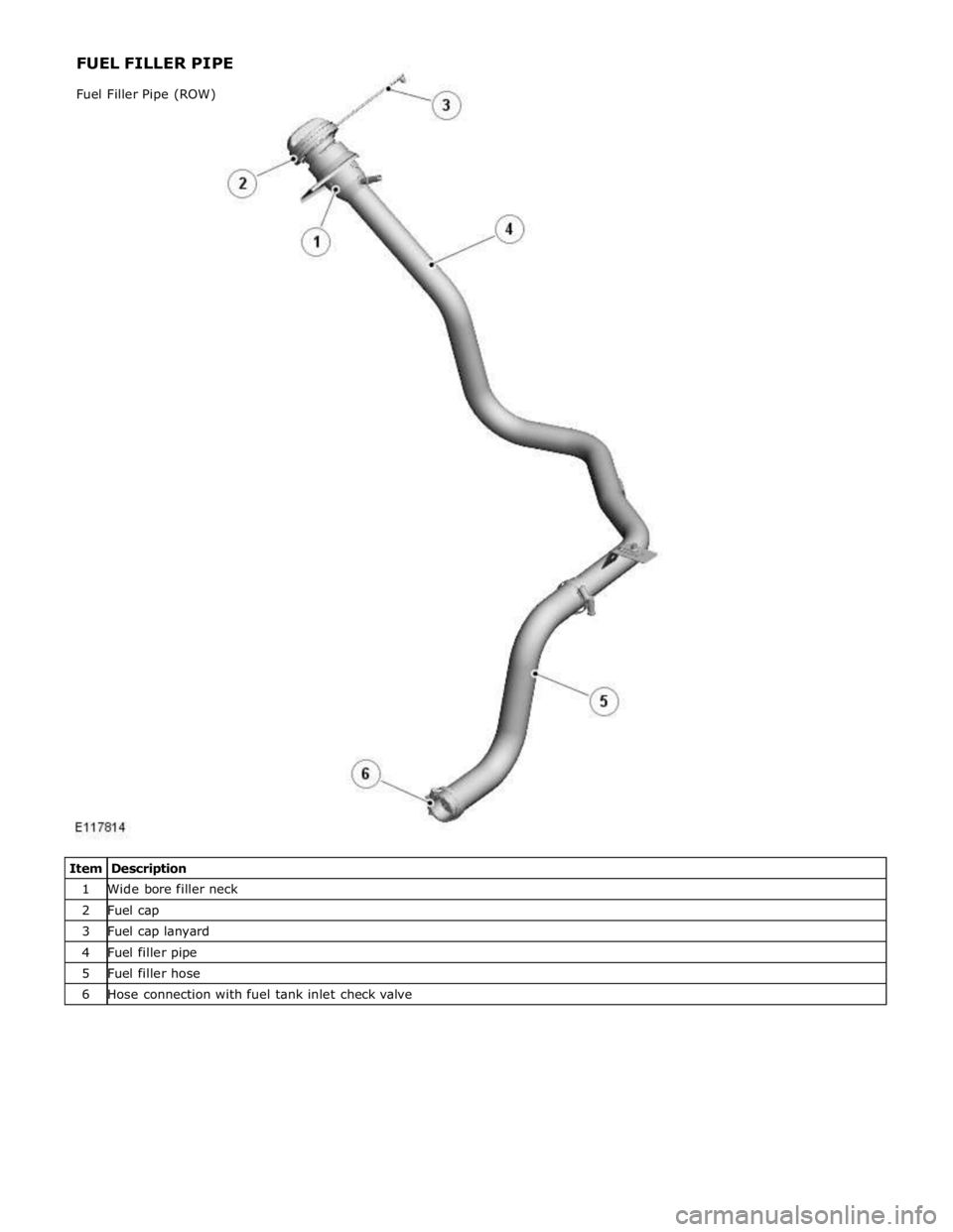 JAGUAR XFR 2010 1.G Workshop Manual 1 Wide bore filler neck 2 Fuel cap 3 Fuel cap lanyard 4 Fuel filler pipe 5 Fuel filler hose 6 Hose connection with fuel tank inlet check valve FUEL FILLER PIPE
Fuel Filler Pipe (ROW) JAGUAR XFR 2010 1.G Workshop Manual 1 Wide bore filler neck 2 Fuel cap 3 Fuel cap lanyard 4 Fuel filler pipe 5 Fuel filler hose 6 Hose connection with fuel tank inlet check valve FUEL FILLER PIPE
Fuel Filler Pipe (ROW)