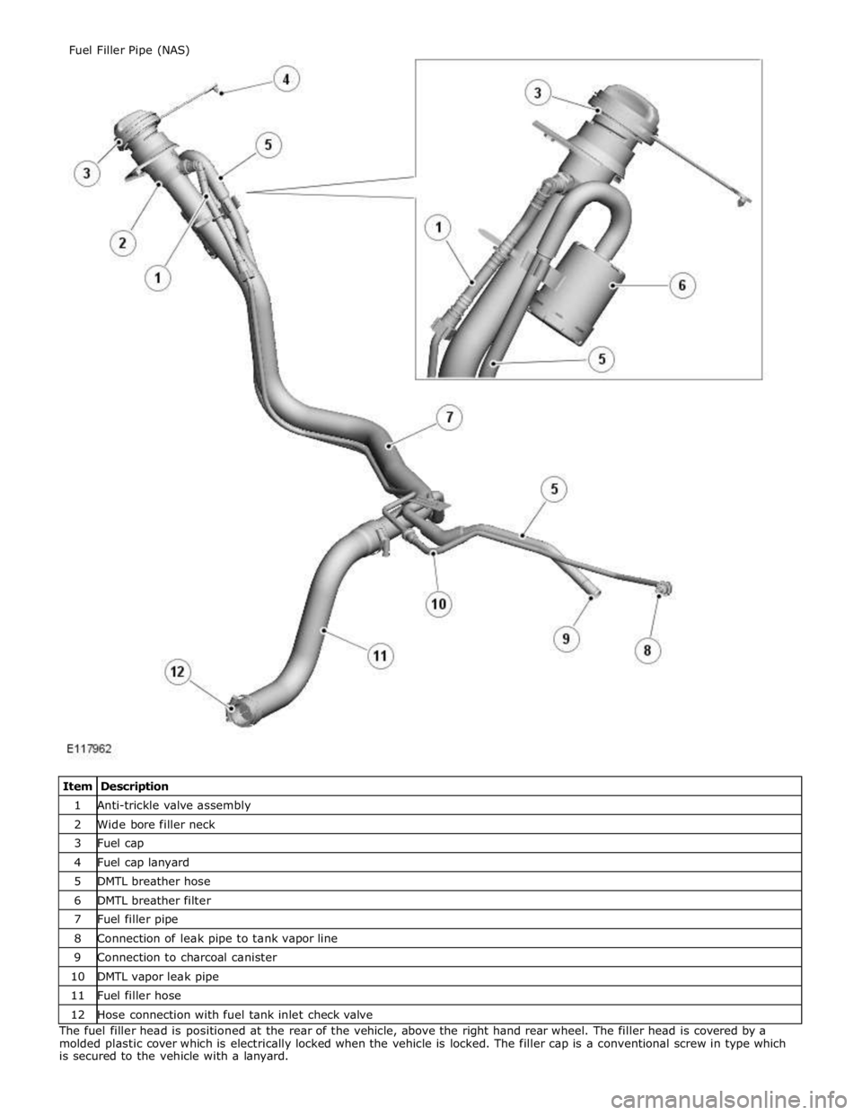 JAGUAR XFR 2010 1.G Workshop Manual 1 Anti-trickle valve assembly 2 Wide bore filler neck 3 Fuel cap 4 Fuel cap lanyard 5 DMTL breather hose 6 DMTL breather filter 7 Fuel filler pipe 8 Connection of leak pipe to tank vapor line 9 Connec JAGUAR XFR 2010 1.G Workshop Manual 1 Anti-trickle valve assembly 2 Wide bore filler neck 3 Fuel cap 4 Fuel cap lanyard 5 DMTL breather hose 6 DMTL breather filter 7 Fuel filler pipe 8 Connection of leak pipe to tank vapor line 9 Connec