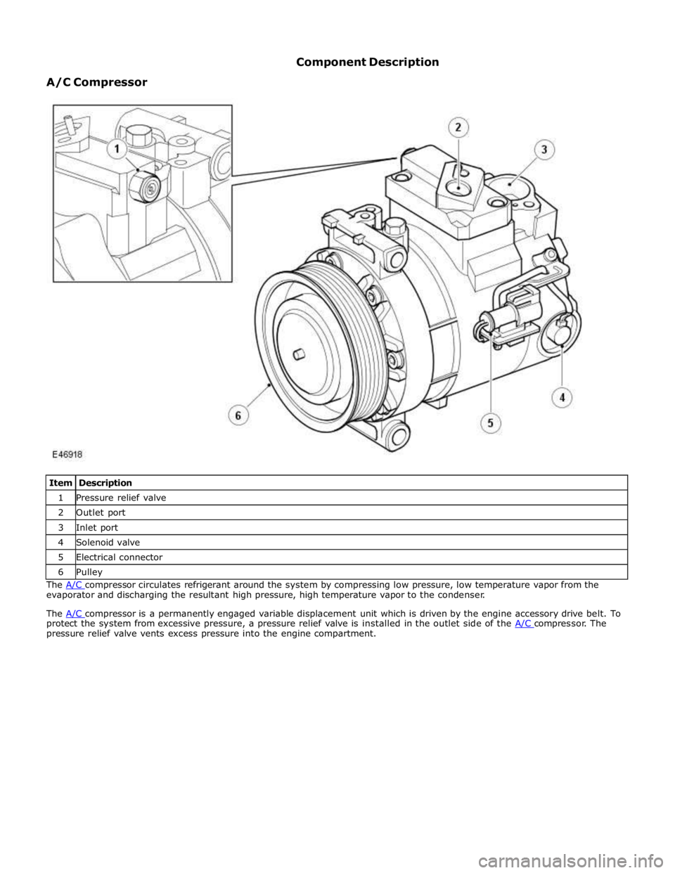 JAGUAR XFR 2010 1.G Workshop Manual 1 Pressure relief valve 2 Outlet port 3 Inlet port 4 Solenoid valve 5 Electrical connector 6 Pulley The A/C compressor circulates refrigerant around the system by compressing low pressure, low tempera JAGUAR XFR 2010 1.G Workshop Manual 1 Pressure relief valve 2 Outlet port 3 Inlet port 4 Solenoid valve 5 Electrical connector 6 Pulley The A/C compressor circulates refrigerant around the system by compressing low pressure, low tempera