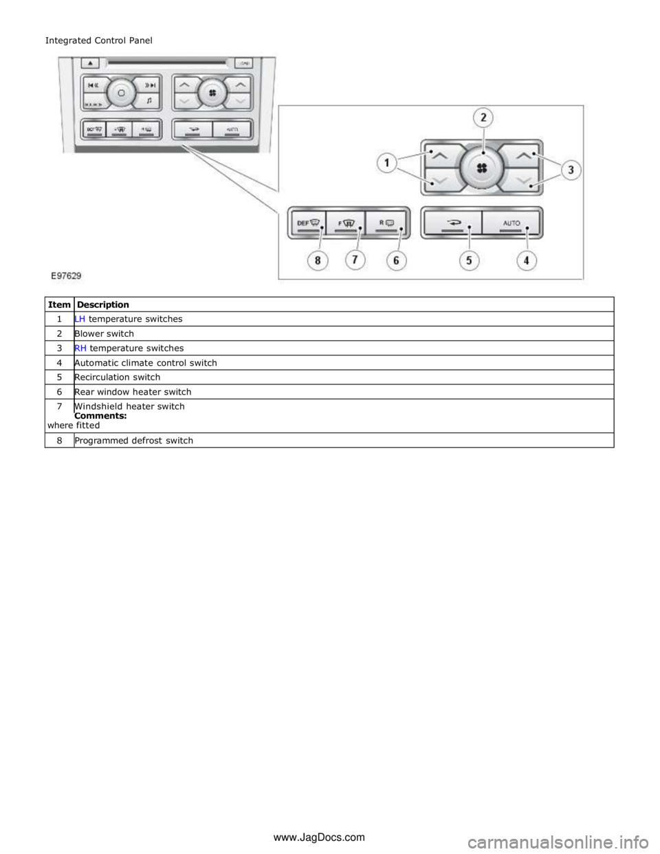 JAGUAR XFR 2010 1.G Service Manual 1 LH temperature switches 2 Blower switch 3 RH temperature switches 4 Automatic climate control switch 5 Recirculation switch 6 Rear window heater switch 7 Windshield heater switch Comments: 
where fi