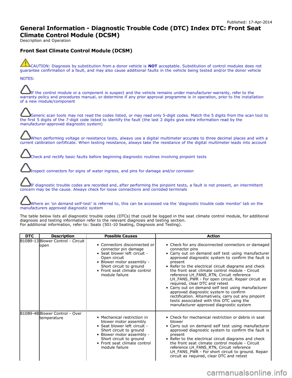 JAGUAR XFR 2010 1.G Workshop Manual Published: 17-Apr-2014 
General Information - Diagnostic Trouble Code (DTC) Index DTC: Front Seat Climate Control Module (DCSM) 
Description and Operation 
 
Front Seat Climate Control Module (DCSM) 
