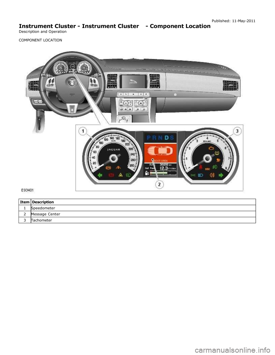 JAGUAR XFR 2010 1.G Workshop Manual
Instrument Cluster - Instrument Cluster - Component Location
Description and Operation
COMPONENT LOCATION Published: 11-May-2011
Item Descr JAGUAR XFR 2010 1.G Workshop Manual
Instrument Cluster - Instrument Cluster - Component Location
Description and Operation
COMPONENT LOCATION Published: 11-May-2011
Item Descr