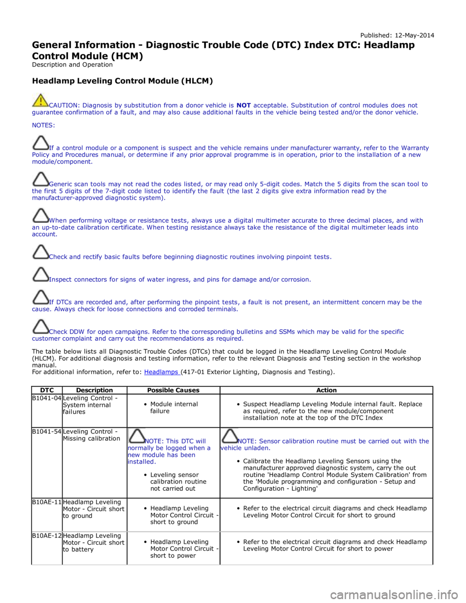 JAGUAR XFR 2010 1.G Workshop Manual Published: 12-May-2014 
General Information - Diagnostic Trouble Code (DTC) Index DTC: Headlamp 
Control Module (HCM) 
Description and Operation 
 
Headlamp Leveling Control Module (HLCM) 
 
 
CAUTION