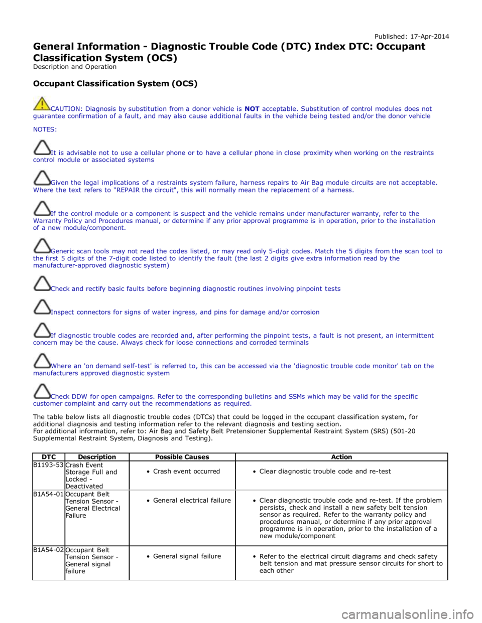 JAGUAR XFR 2010 1.G Workshop Manual Published: 17-Apr-2014 
General Information - Diagnostic Trouble Code (DTC) Index DTC: Occupant Classification System (OCS) 
Description and Operation 
 
Occupant Classification System (OCS) 
 
 
CAUT
