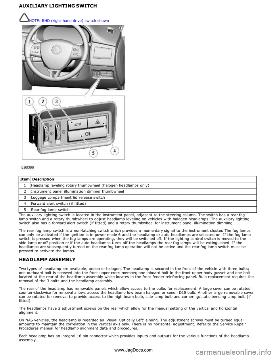 JAGUAR XFR 2010 1.G Workshop Manual 1 Headlamp leveling rotary thumbwheel (halogen headlamps only) 2 Instrument panel illumination dimmer thumbwheel 3 Luggage compartment lid release switch 4 Forward alert switch (if fitted) 5 Rear fog 