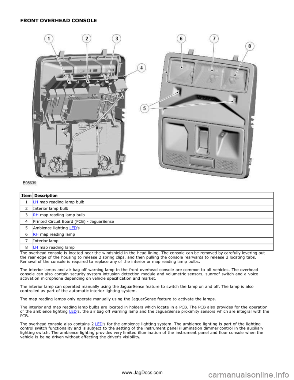 JAGUAR XFR 2010 1.G Workshop Manual 1 LH map reading lamp bulb 2 Interior lamp bulb 3 RH map reading lamp bulb 4 Printed Circuit Board (PCB) - JaguarSense 5 Ambience lighting LEDs 6 RH map reading lamp 7 Interior lamp 8 LH map reading 