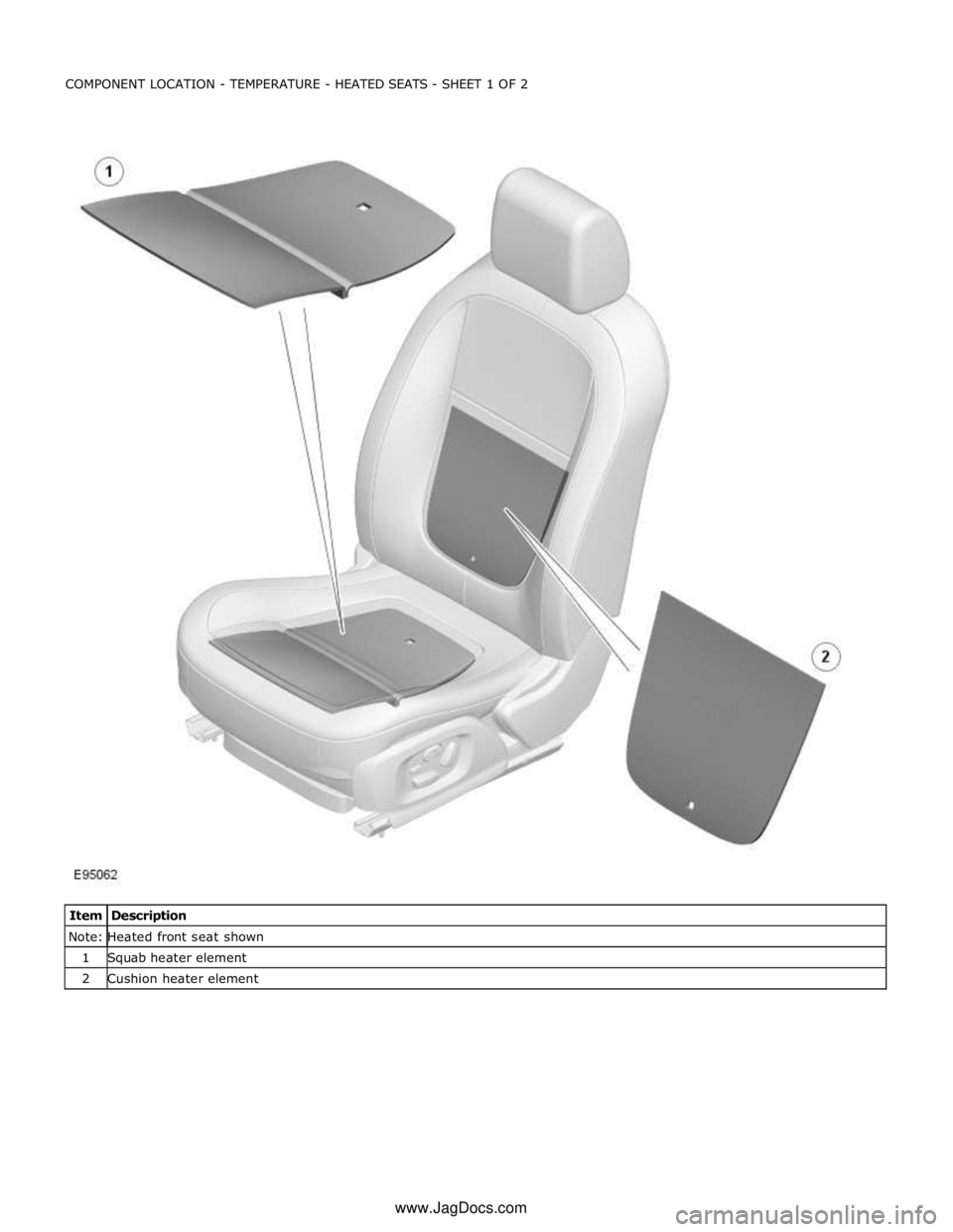 JAGUAR XFR 2010 1.G Manual PDF Note: Heated front seat shown 1 Squab heater element 2 Cushion heater element www.JagDocs.com JAGUAR XFR 2010 1.G Manual PDF Note: Heated front seat shown 1 Squab heater element 2 Cushion heater element www.JagDocs.com