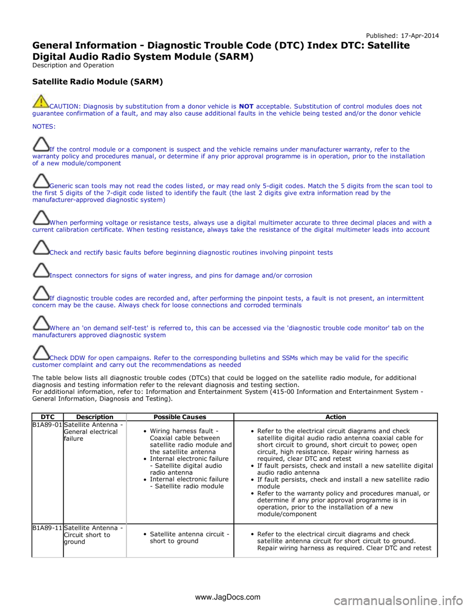 JAGUAR XFR 2010 1.G Workshop Manual Published: 17-Apr-2014 
General Information - Diagnostic Trouble Code (DTC) Index DTC: Satellite 
Digital Audio Radio System Module (SARM) 
Description and Operation 
 
Satellite Radio Module (SARM) 
