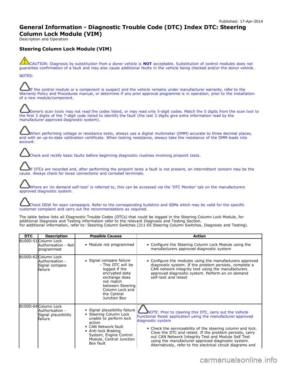 JAGUAR XFR 2010 1.G Workshop Manual Published: 17-Apr-2014 
General Information - Diagnostic Trouble Code (DTC) Index DTC: Steering 
Column Lock Module (VIM) 
Description and Operation 
 
Steering Column Lock Module (VIM) 
 
 
CAUTION: 