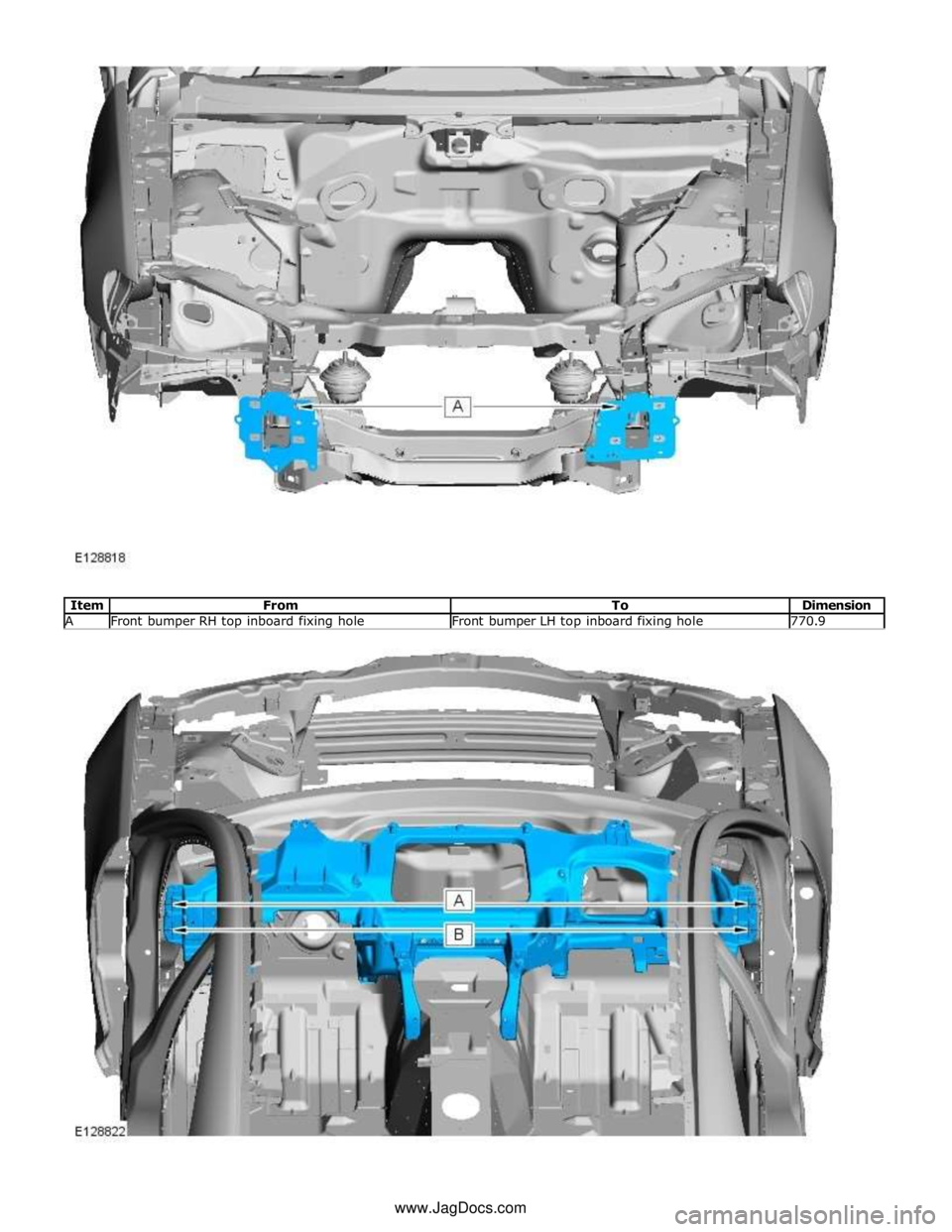 JAGUAR XFR 2010 1.G Workshop Manual  
 
 
Item From To Dimension A Front bumper RH top inboard fixing hole Front bumper LH top inboard fixing hole 770.9 www.JagDocs.com 