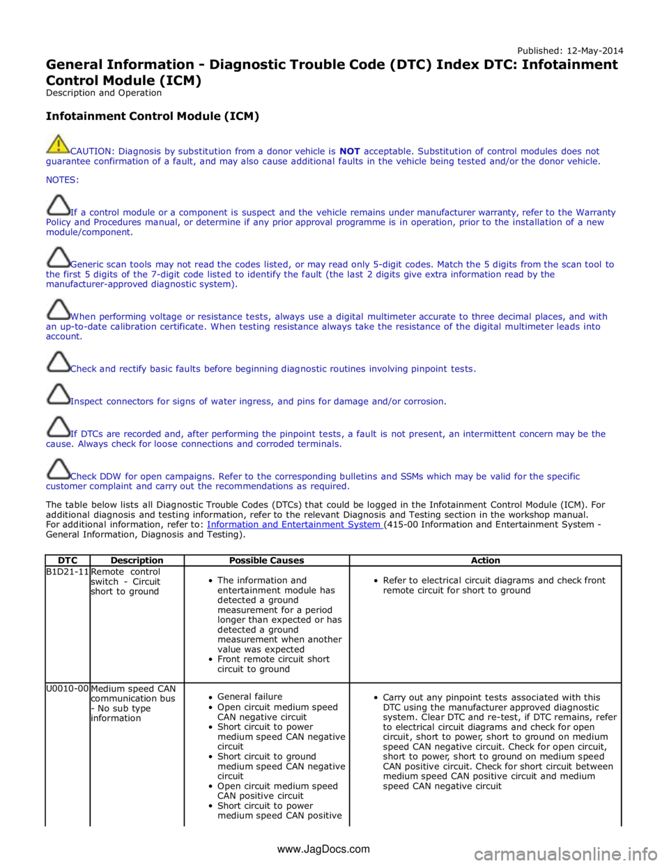 JAGUAR XFR 2010 1.G Workshop Manual Published: 12-May-2014 
General Information - Diagnostic Trouble Code (DTC) Index DTC: Infotainment Control Module (ICM) 
Description and Operation 
 
Infotainment Control Module (ICM) 
 
 
CAUTION: D