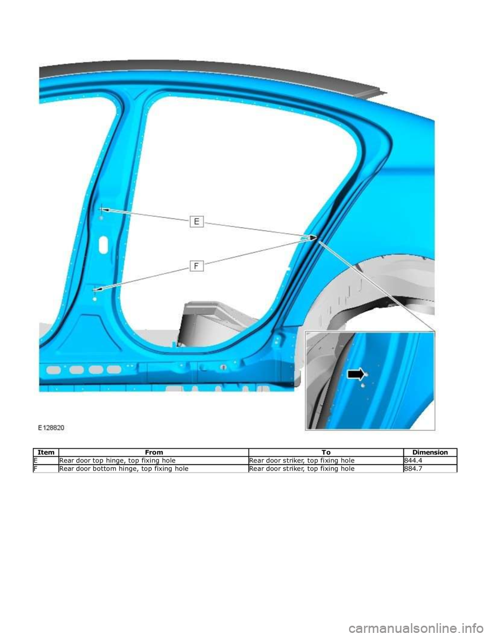 JAGUAR XFR 2010 1.G Workshop Manual E Rear door top hinge, top fixing hole Rear door striker, top fixing hole 844.4 F Rear door bottom hinge, top fixing hole Rear door striker, top fixing hole 884.7  