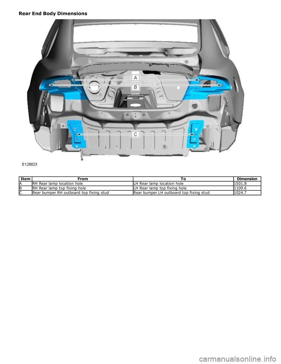 JAGUAR XFR 2010 1.G Workshop Manual A RH Rear lamp location hole LH Rear lamp location hole 1501.8 B RH Rear lamp top fixing hole LH Rear lamp top fixing hole 1109.6 C Rear bumper RH outboard top fixing stud Rear bumper LH outboard top 