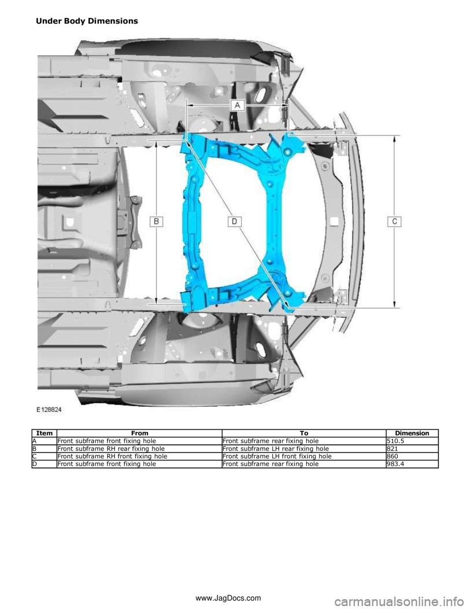 JAGUAR XFR 2010 1.G Workshop Manual A Front subframe front fixing hole Front subframe rear fixing hole 510.5 B Front subframe RH rear fixing hole Front subframe LH rear fixing hole 821 C Front subframe RH front fixing hole Front subfram