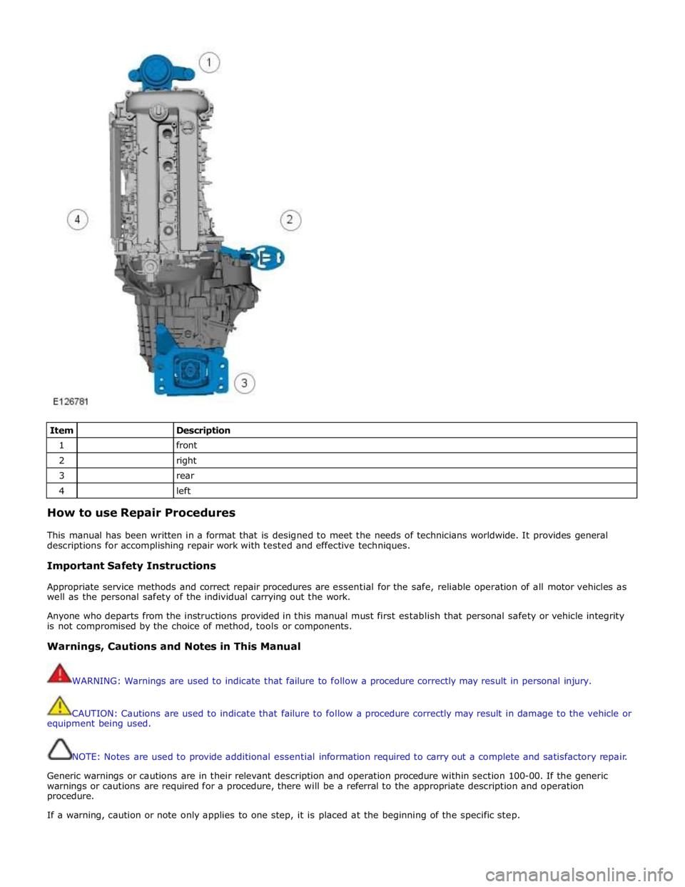 JAGUAR XFR 2010 1.G Workshop Manual  
 
 
Item 
 Description 1 
 front 2 
 right 3 
 rear 4 
 left How to use Repair Procedures 
 
This manual has been written in a format that is designed to meet the needs of technicians worldwide. It 