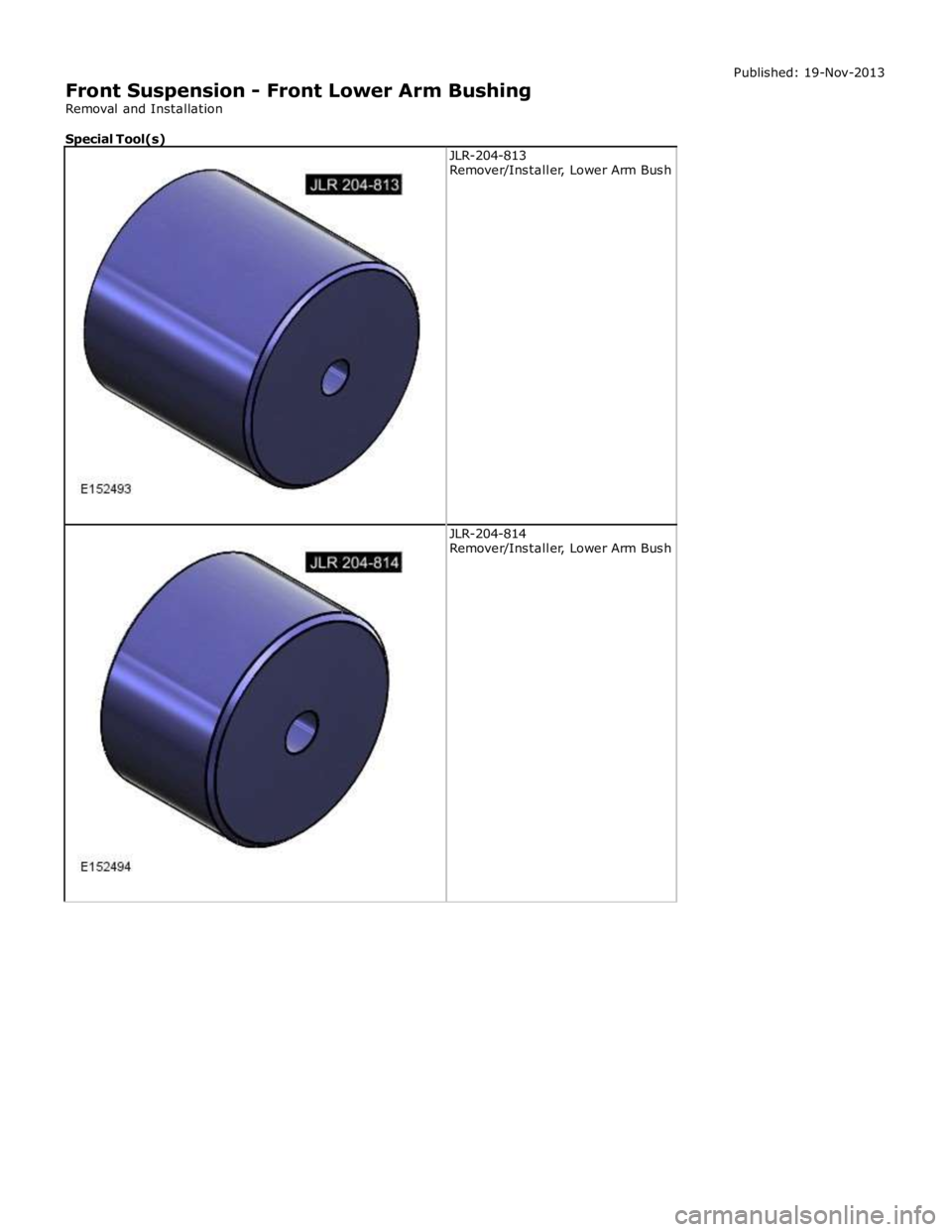 JAGUAR XFR 2010 1.G Workshop Manual  
 
 JLR-204-814 
Remover/Installer, Lower Arm Bush  