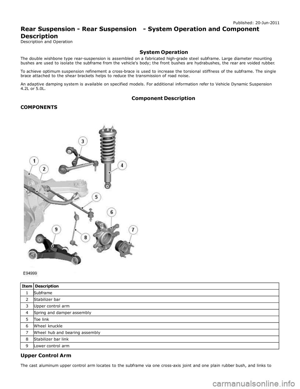 JAGUAR XFR 2010 1.G User Guide 1 Subframe 2 Stabilizer bar 3 Upper control arm 4 Spring and damper assembly 5 Toe link 6 Wheel knuckle 7 Wheel hub and bearing assembly 8 Stabilizer bar link 9 Lower control arm Upper Control Arm
JAGUAR XFR 2010 1.G User Guide 1 Subframe 2 Stabilizer bar 3 Upper control arm 4 Spring and damper assembly 5 Toe link 6 Wheel knuckle 7 Wheel hub and bearing assembly 8 Stabilizer bar link 9 Lower control arm Upper Control Arm