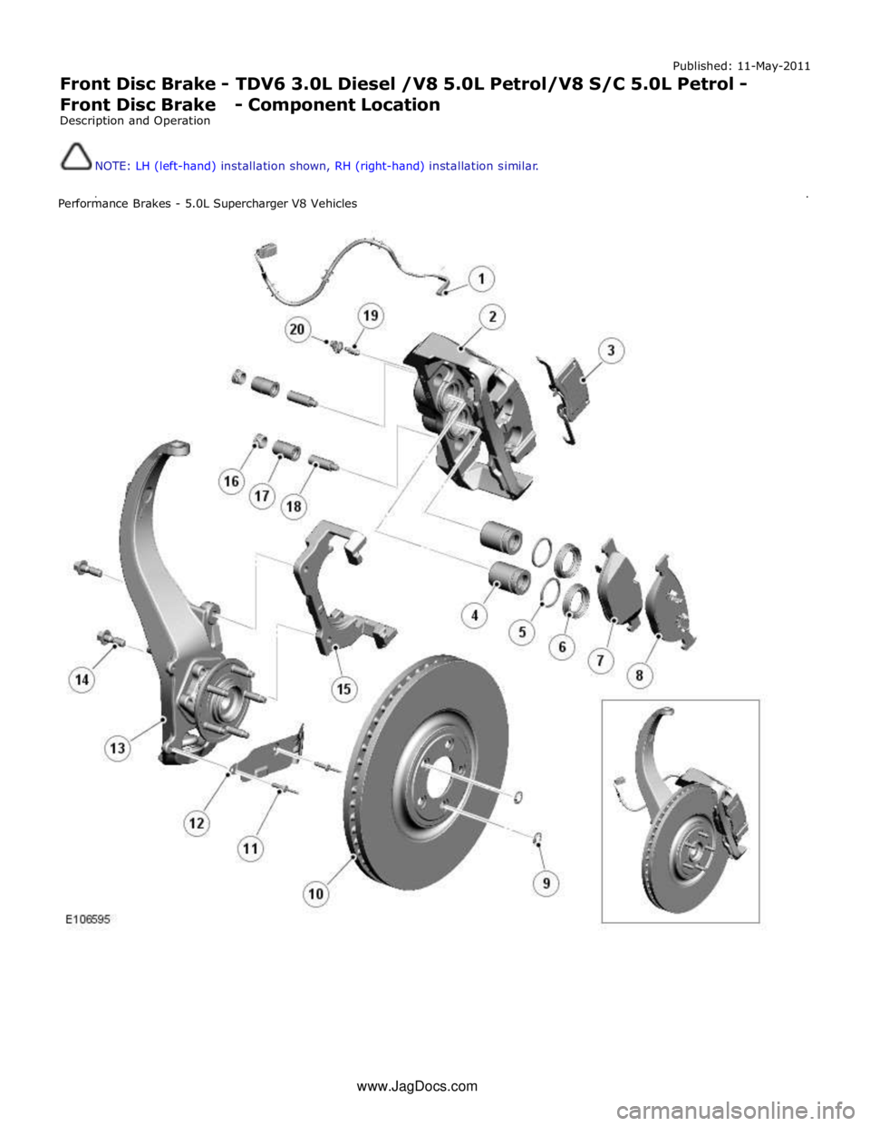 JAGUAR XFR 2010 1.G Workshop Manual Published: 11-May-2011 
Front Disc Brake - TDV6 3.0L Diesel /V8 5.0L Petrol/V8 S/C 5.0L Petrol - Front Disc Brake - Component Location 
Description and Operation 
 
 
NOTE: LH (left-hand) installation