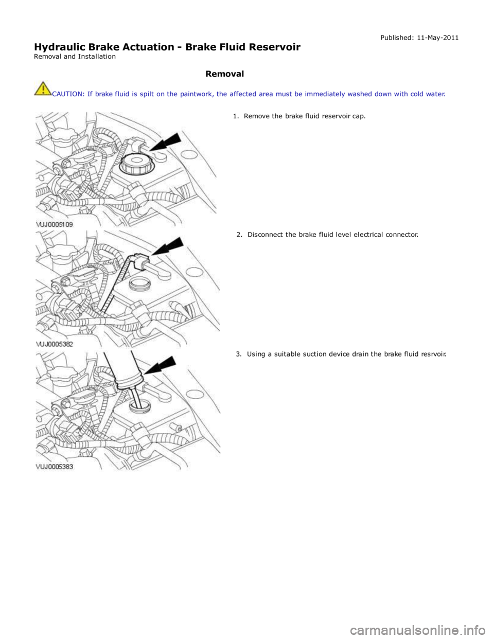 JAGUAR XFR 2010 1.G Workshop Manual  
Hydraulic Brake Actuation - Brake Fluid Reservoir 
Removal and Installation 
 
Removal Published: 11-May-2011 
 
CAUTION: If brake fluid is spilt on the paintwork, the affected area must be immediat