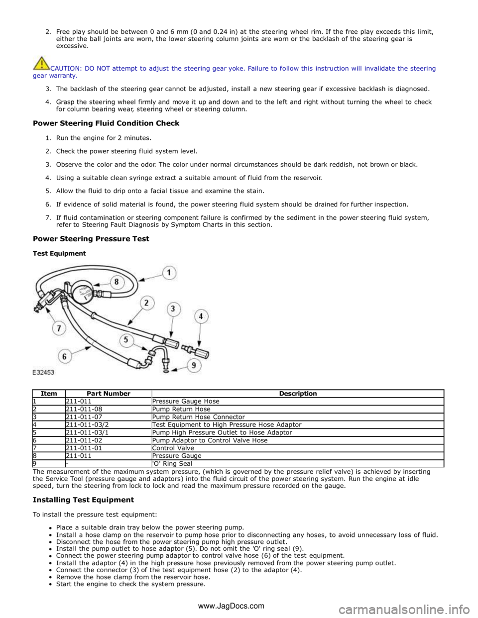 JAGUAR XFR 2010 1.G Owners Manual 2. Free play should be between 0 and 6 mm (0 and 0.24 in) at the steering wheel rim. If the free play exceeds this limit,
either the ball joints are worn, the lower steering column joints are worn or JAGUAR XFR 2010 1.G Owners Manual 2. Free play should be between 0 and 6 mm (0 and 0.24 in) at the steering wheel rim. If the free play exceeds this limit,
either the ball joints are worn, the lower steering column joints are worn or