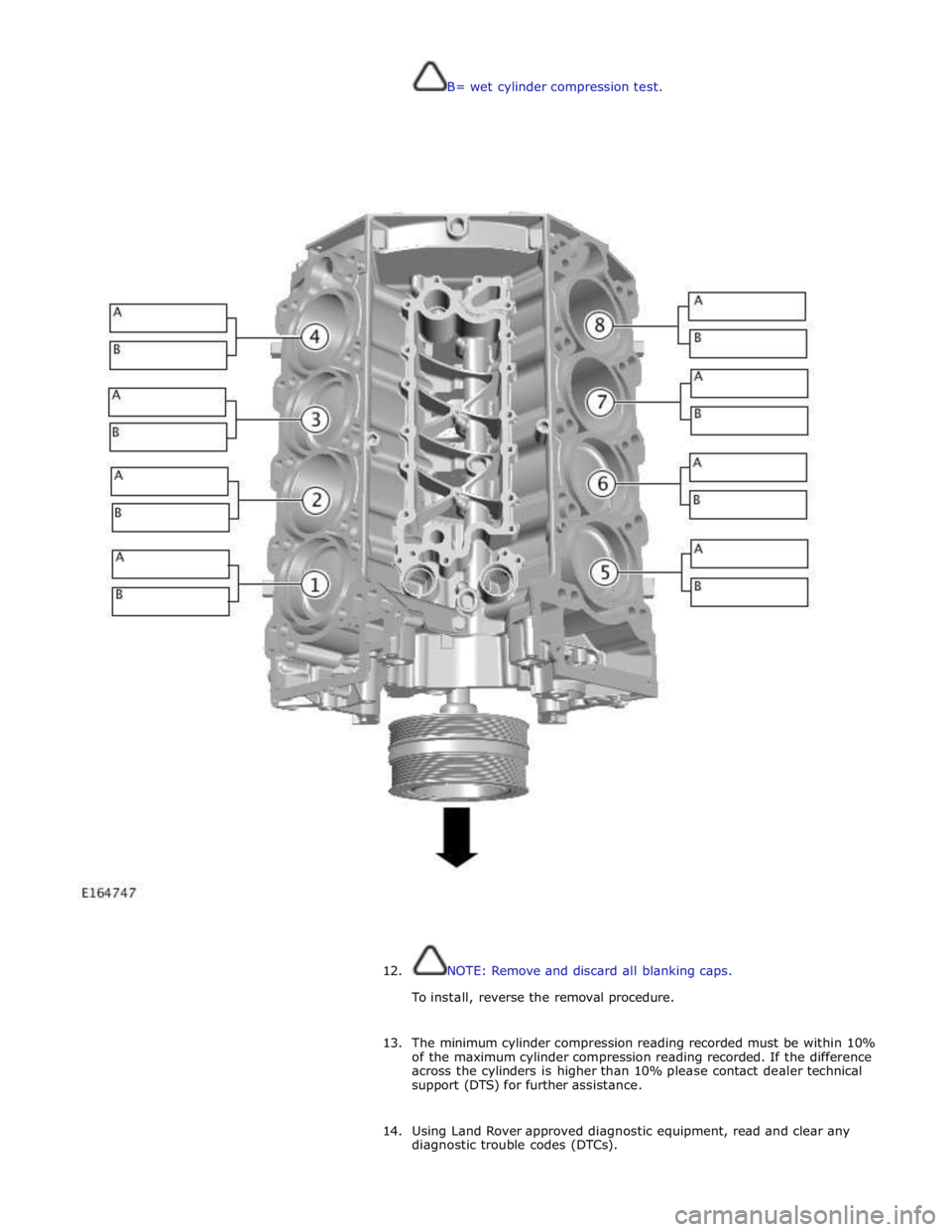 JAGUAR XFR 2010 1.G Workshop Manual  
B= wet cylinder compression test. 
 
 
 
 
 
 
12.  
NOTE: Remove and discard all blanking caps. 
 
To install, reverse the removal procedure. 
 
13. The minimum cylinder compression reading recorde