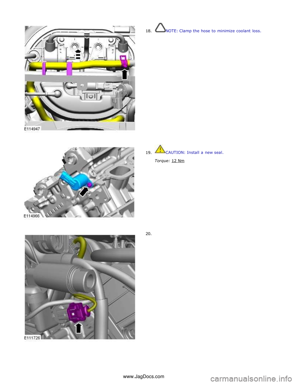 JAGUAR XFR 2010 1.G User Guide  
18. 
 
 
 
 
 
 
 
 
 
 
 
 
 
 
 
 
 
 
 
 
 
 
 
      19. 
20. NOTE: Clamp the hose to minimize coolant loss. 
 
 
 
 
 
 
 
 
 
 
 
 
 
 
 
 
 
 
 
 
 
 
 
 
 
CAUTION: Install a new seal. 
Torq