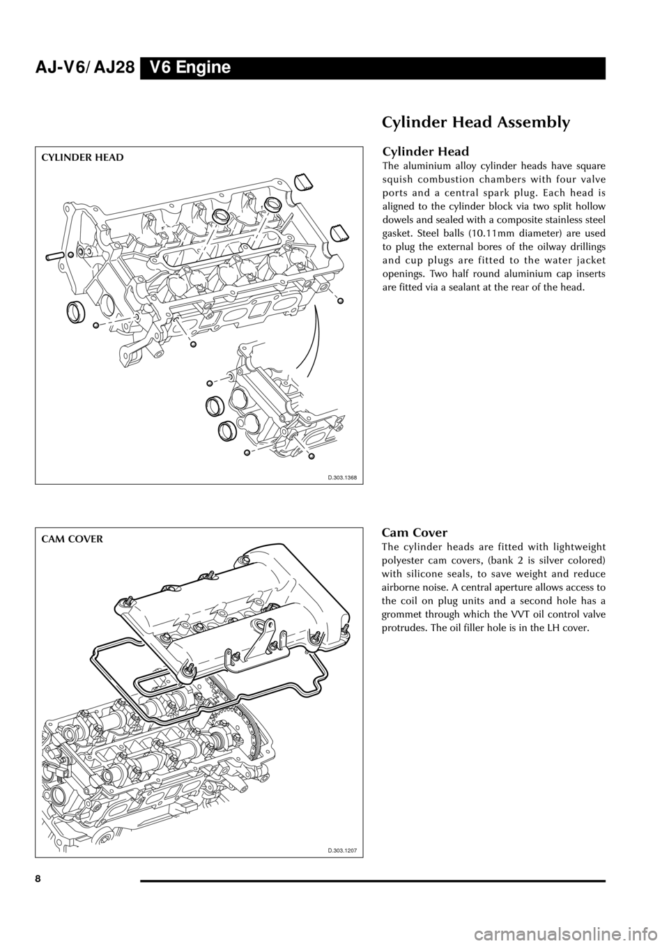JAGUAR S TYPE 1999 1.G Powertrain Manual V6 Engine
8
Cylinder Head
The aluminium alloy cylinder heads have square
squish combustion chambers with four valve
ports and a central spark plug. Each head is
aligned to the cylinder block via two s