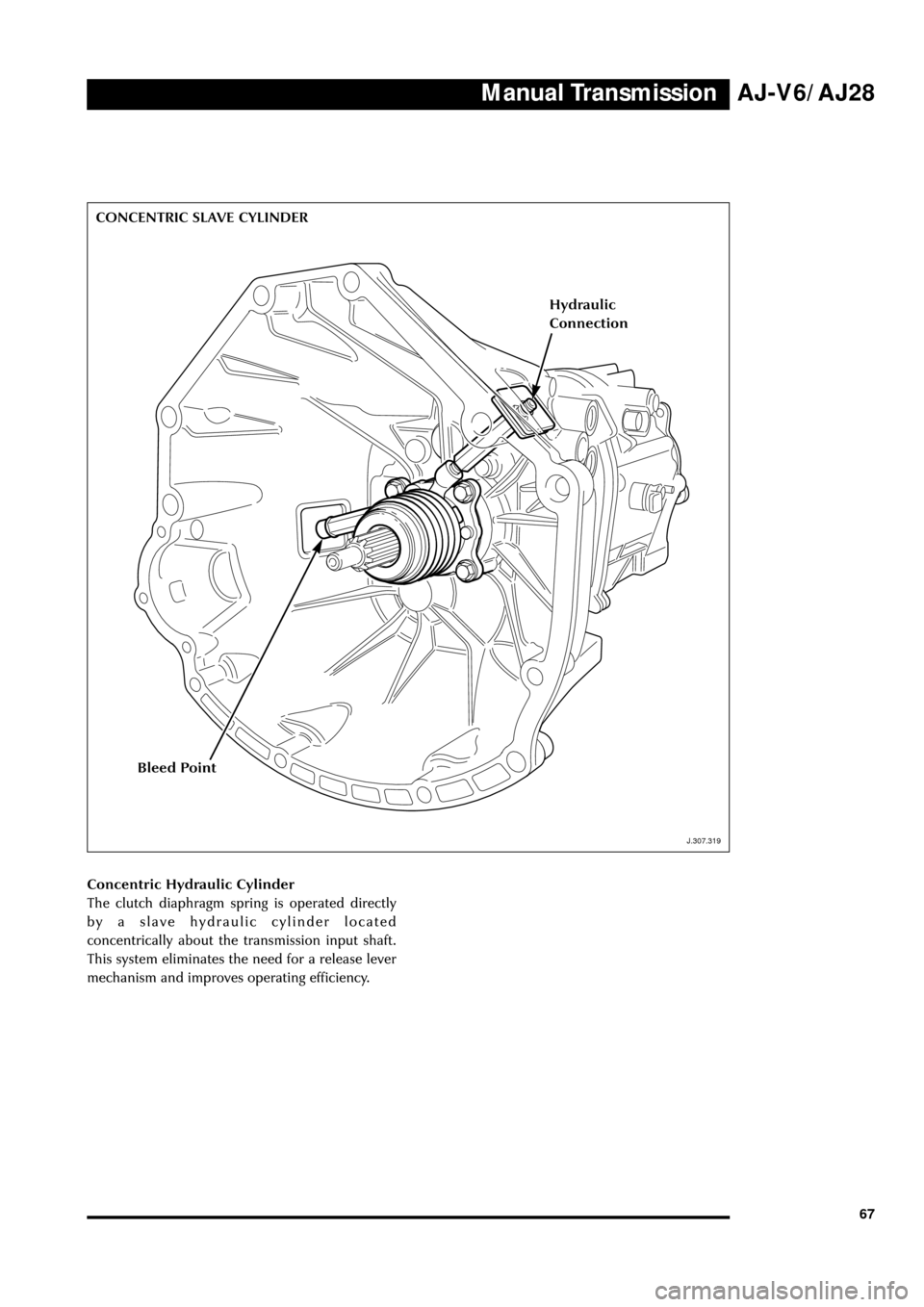 JAGUAR S TYPE 1999 1.G Powertrain Manual Manual TransmissionAJ-V6/AJ28
67
D.307.311
CONCENTRIC SLAVE CYLINDER
J.307.319
Bleed Point
Hydraulic
Connection
Concentric Hydraulic Cylinder
The clutch diaphragm spring is operated directly
by a slav