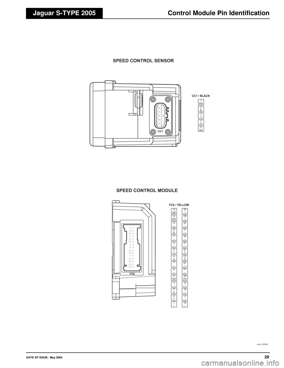 JAGUAR S TYPE 2005 1.G Electrical Manual 
DATE OF ISSUE: May 200429
Control Module Pin IdentificationJaguar S-TYPE 2005
1NW2B3
Y
4
G5
NR
1
—
2
Y 3
G 4
—
5
GW 6—
7—
8
G 9
Y
10
—
11—
12
B
13—
14NW
15NR
17—
18—
19—
20
OG 21�