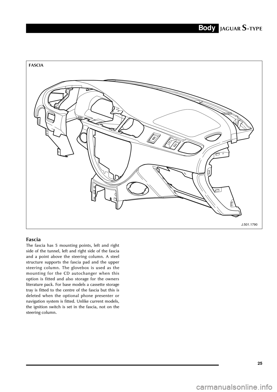 JAGUAR S TYPE 2005 1.G Technical Guide Update JAGUARS-TYPEBody
25
Fascia
The fascia has 5 mounting points, left and right
side of the tunnel, left and right side of the fascia
and a point above the steering column. A steel
structure supports the 