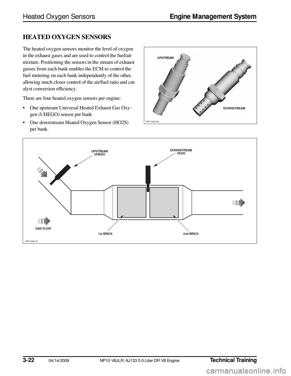 JAGUAR XF 2009 1.G AJ133 5.0L Engine Manual 3-2204/14/2009NP10-V8JLR: AJ133 5.0-Liter DFI V8 EngineTechnical Training
Heated Oxygen SensorsEngine Management System
HEATED OXYGEN SENSORS
The heated oxygen sensors monitor the level of oxygen 
in 