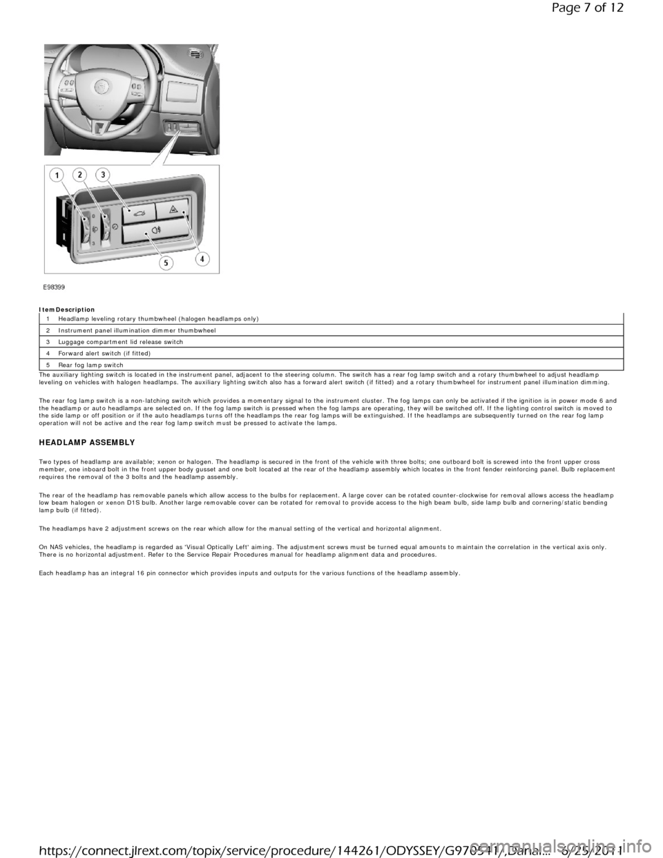 JAGUAR XF 2009 1.G Lighting In Detail Manual  
   ItemDescription Headlamp leveling rotary thumbwheel (halogen headlamps only) 
Instrument panel illumination dimmer thumbwheel 
Luggage compartment lid release switch 
Forward alert switch (if fit