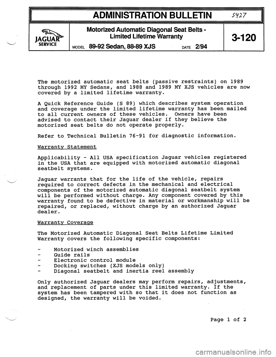 JAGUAR XJ40 1997 2.G Motorized Seatbelts Manual 