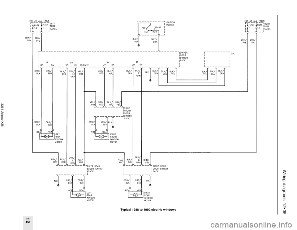 JAGUAR XJ6 1997 2.G Workshop Manual Wiring diagrams 12•35
12
3261 Jaguar XJ6
Typical 1988 to 1992 electric windows JAGUAR XJ6 1997 2.G Workshop Manual Wiring diagrams 12•35
12
3261 Jaguar XJ6
Typical 1988 to 1992 electric windows