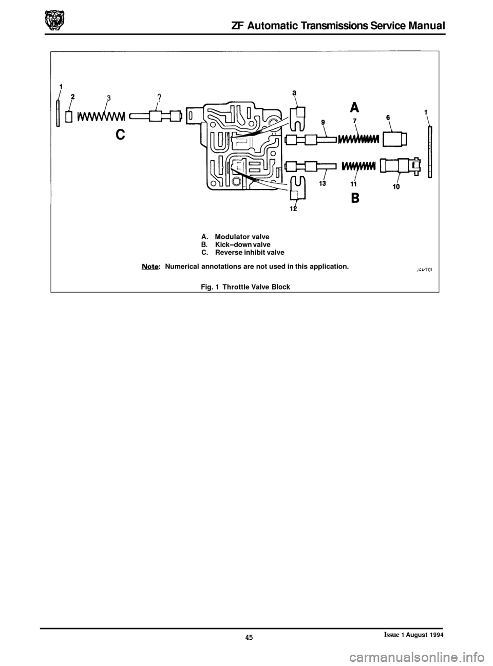 JAGUAR XJ 1994 2.G ZF Automatic Transmission Manual ZF Automatic Transmissions  Service Manual 
3 
C 
? a 
12 L?- 
A. Modulator  valve B. Kick-down valve C. Reverse inhibit valve 
Note: Numerical  annotations are not used in this application. 
s 
JbI-