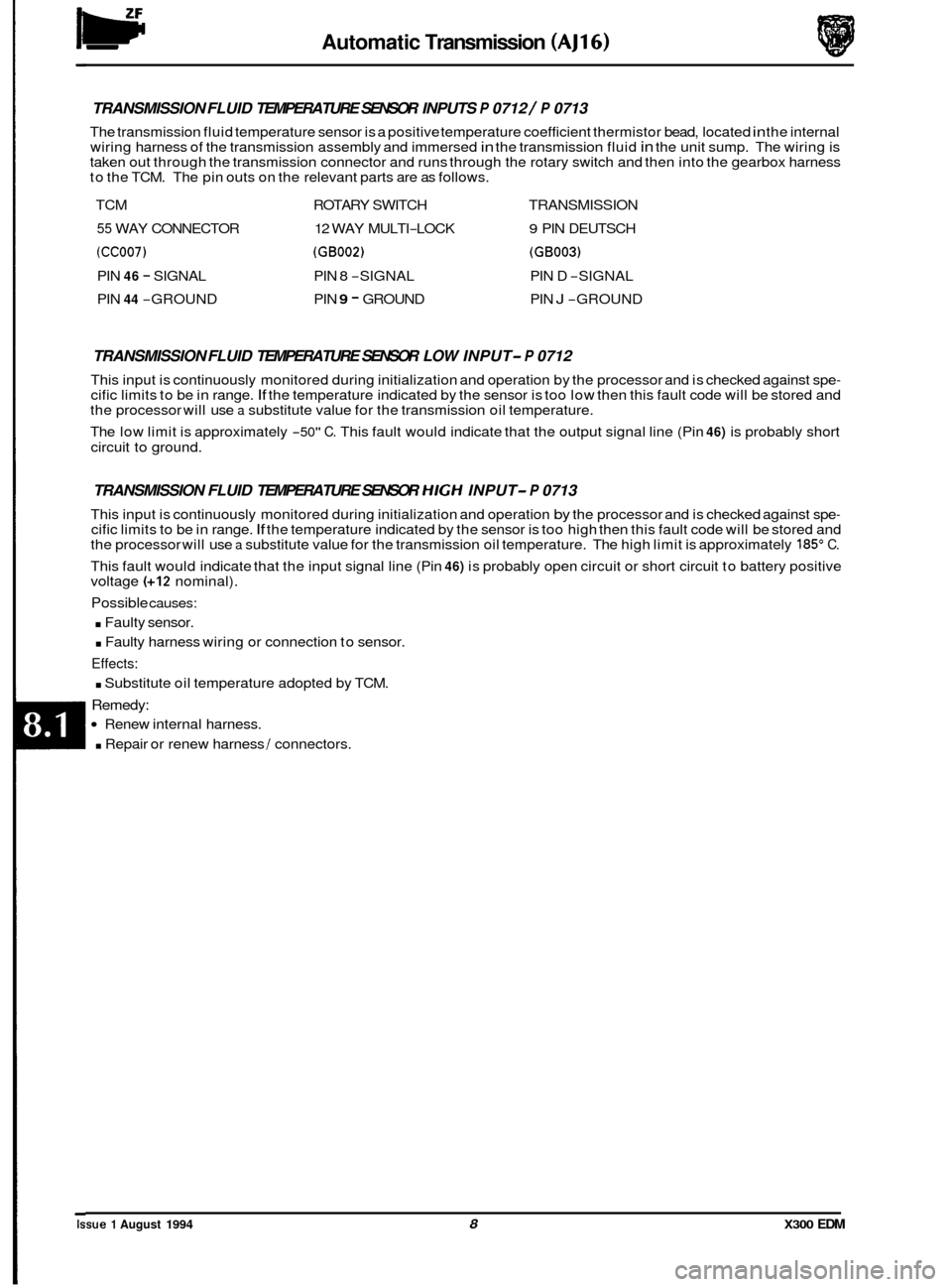 JAGUAR XJ6 1994 2.G Electrical Diagnostic Manual IW Automatic Transmission (AJ16) 
TRANSMISSION  FLUID TEMPERATURE  SENSOR INPUTS P 0712 / P 0713 
The transmission  fluid temperature  sensor is a positive  temperature coefficient  thermistor bead, l