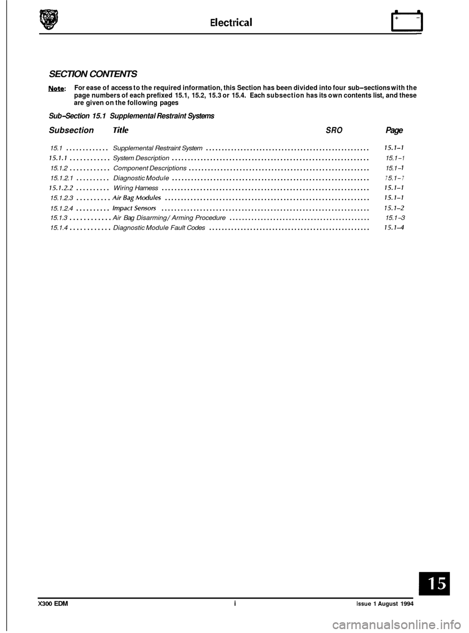 JAGUAR XJ6 1994 2.G Electrical Diagnostic Manual E I ect r ica I rl 
SECTION  CONTENTS 
m: For ease  of access  to the  required information,  this Section has been divided into  four sub-sections  with the 
page numbers  of each prefixed  15.1,  15