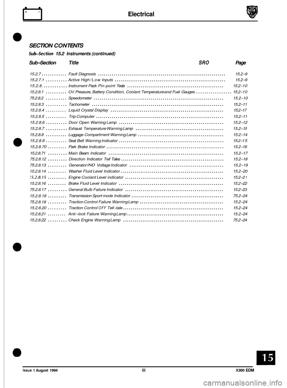 JAGUAR XJ6 1994 2.G Electrical Diagnostic Manual Electrical IT 
SECTION CON TENTS 
Subsection 15.2 Instruments  (continued) 
Sub-Section  Title SRO Page 
15.2.7 ............ Fault Diagnosis ...........................................................