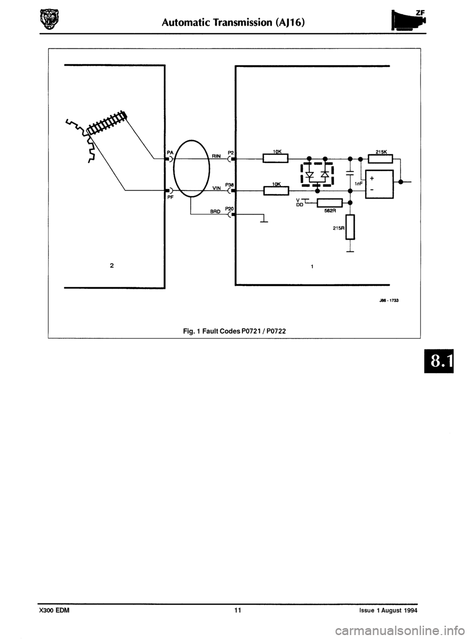JAGUAR XJ6 1994 2.G Electrical Diagnostic Manual 1 2 
JW-1733 
Fig. 1 Fault Codes PO721 / PO722 
X300 EDM 11 Issue 1 August 1994  